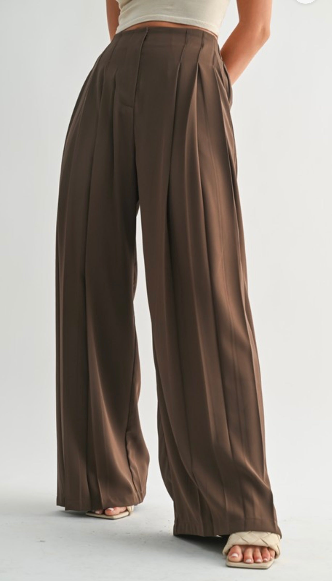 Brown wide-leg pants worn by a person on a white background