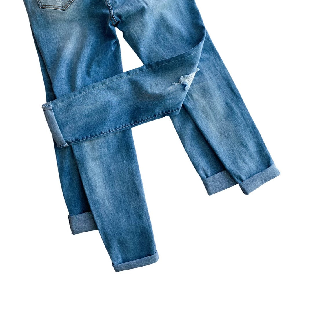 Medium blue denim distressed jeans