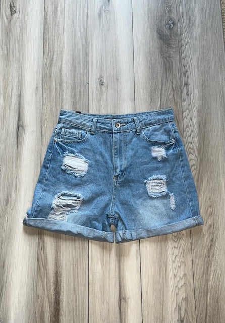 blue denim shorts with distressed