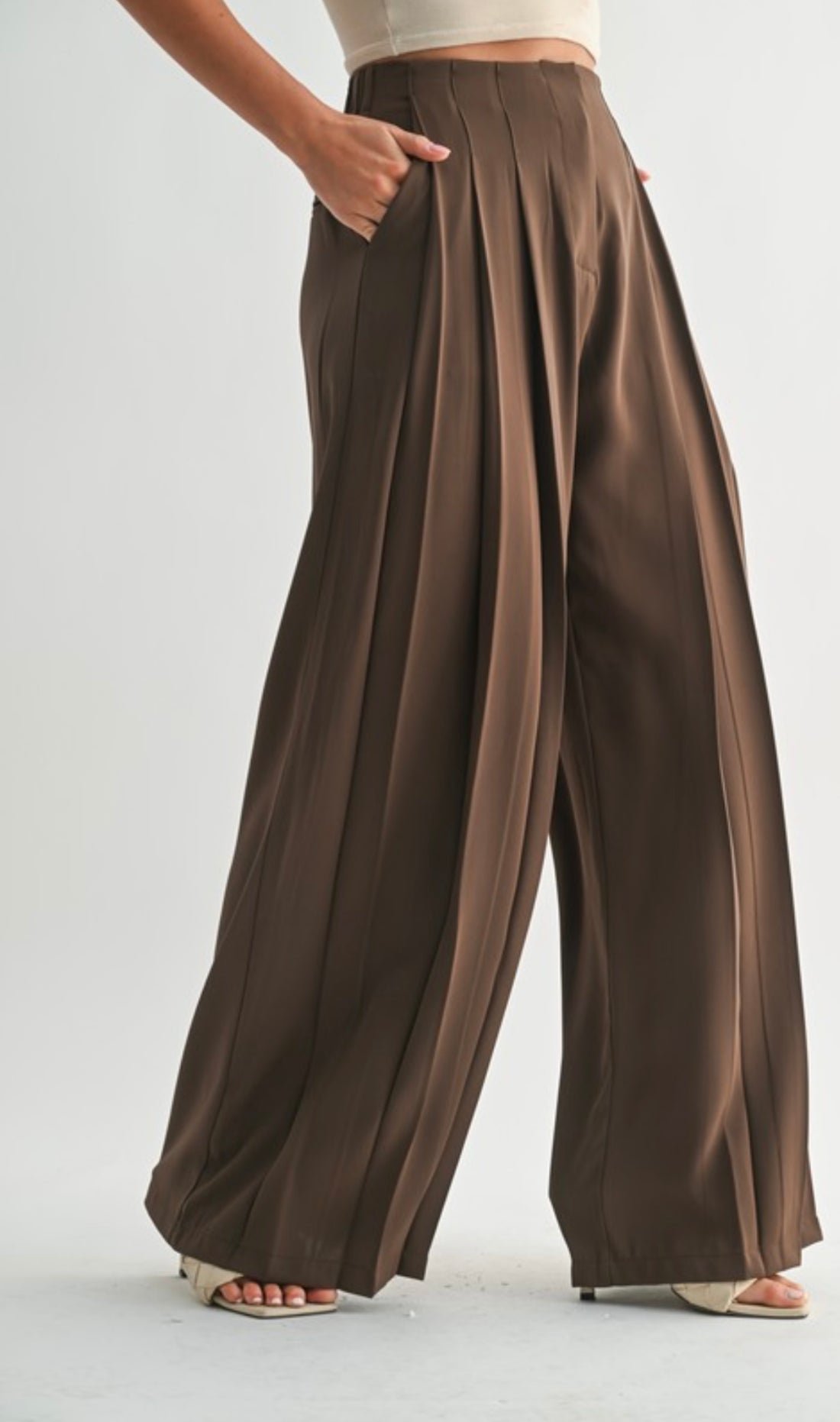 Brown wide-leg pants worn by a person on a white background