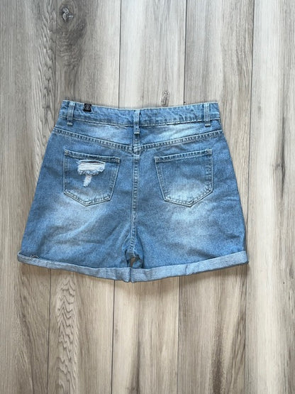 medium wash denim shorts