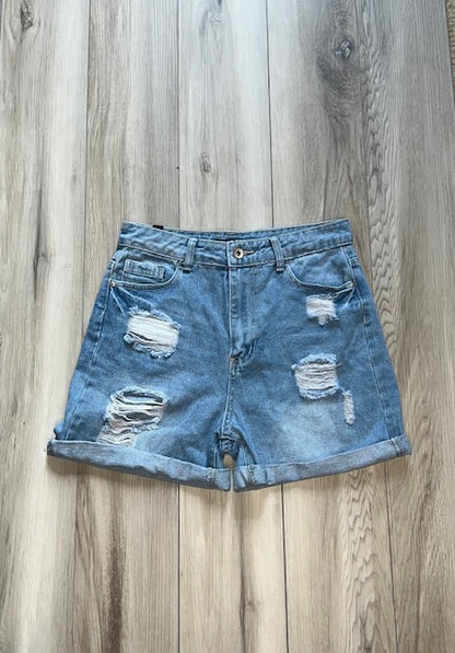 blue denim shorts with distressed