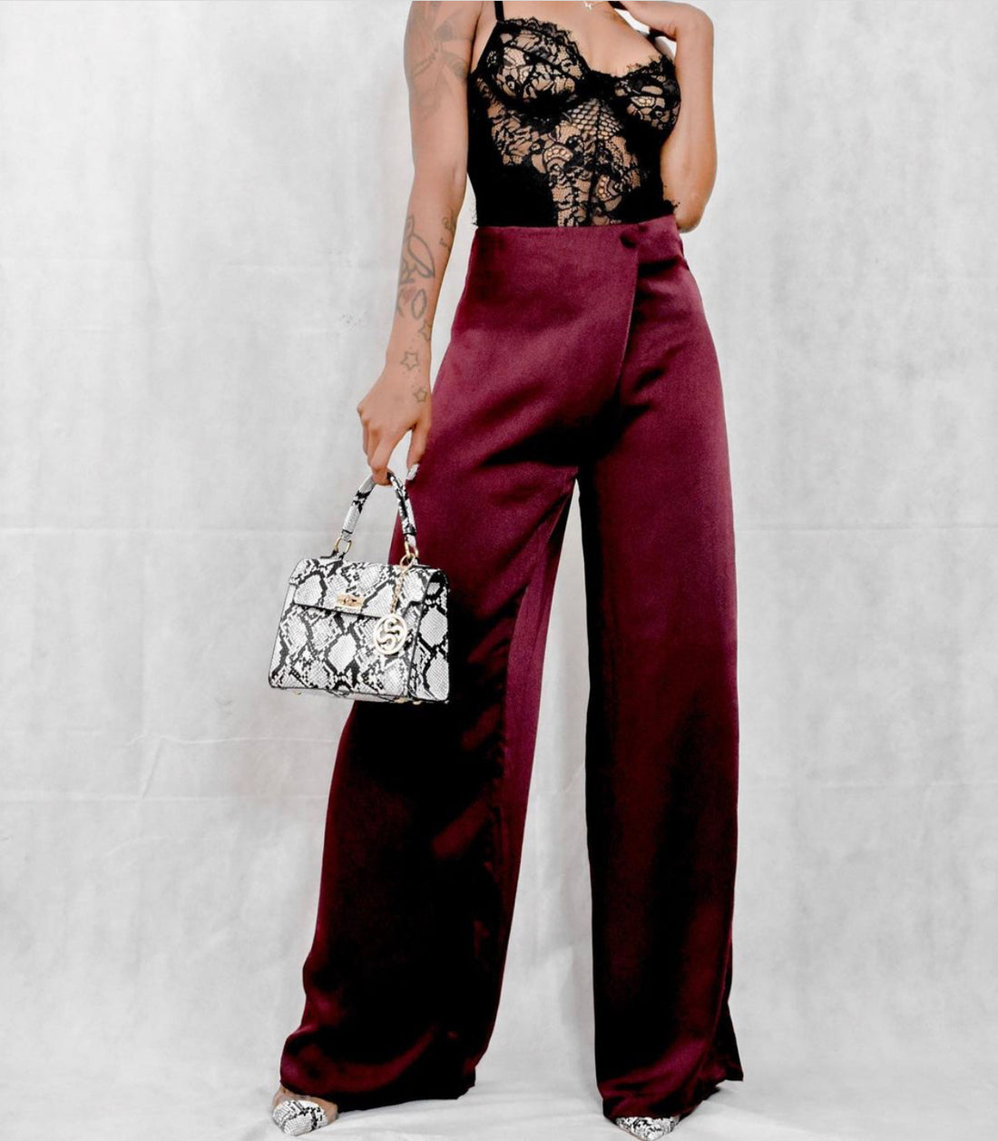 long burgundy trousers satin
