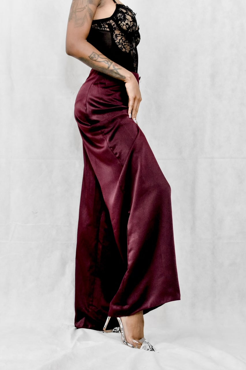 long satin trouser burgundy